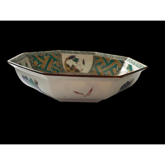 Kutani Ware Fuki Octagonal Dish Bowl Japanese Porcelain Vintage Bird Signed - Picture 8 of 10